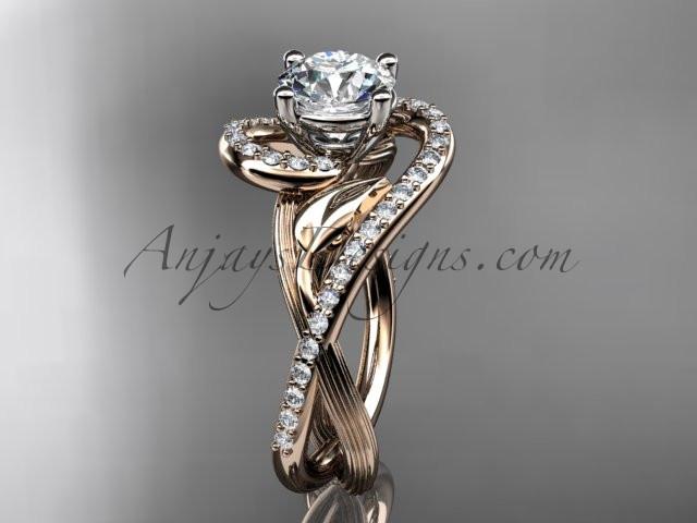 Unique 14kt rose gold diamond leaf and vine wedding ring, engagement ring with a "Forever One" Moissanite center stone ADLR222 - AnjaysDesigns