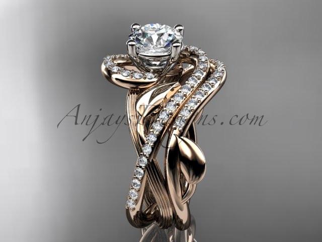 Unique 14kt rose gold diamond leaf and vine wedding set, engagement set with a "Forever One" Moissanite center stone ADLR222S - AnjaysDesigns