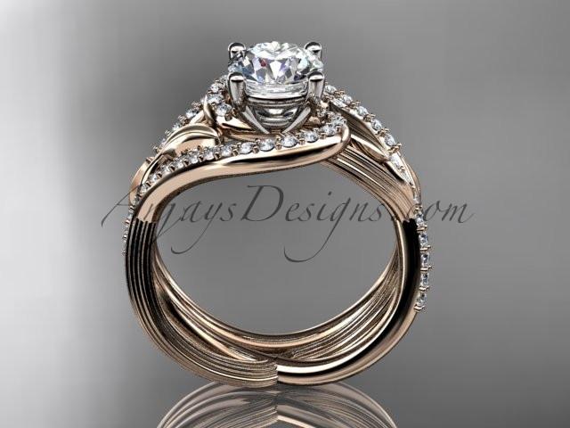 Unique 14kt rose gold diamond leaf and vine wedding set, engagement set with a "Forever One" Moissanite center stone ADLR222S - AnjaysDesigns