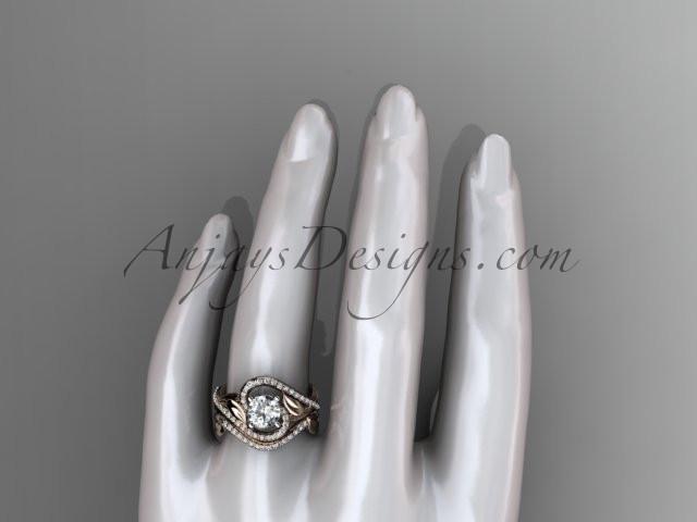 Unique 14kt rose gold diamond leaf and vine wedding set, engagement set with a "Forever One" Moissanite center stone ADLR222S - AnjaysDesigns