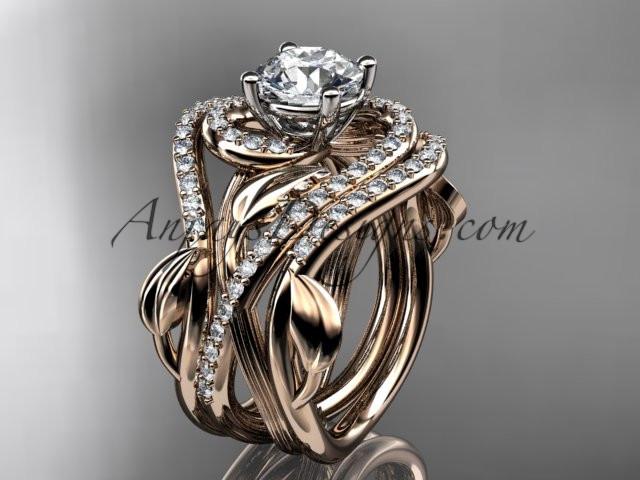 Unique 14kt rose gold diamond leaf and vine wedding ring, engagement ring with a "Forever One" Moissanite center stone and double matching band ADLR222S - AnjaysDesigns