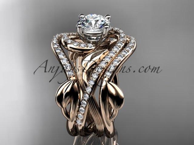 Unique 14kt rose gold diamond leaf and vine wedding ring, engagement ring with a "Forever One" Moissanite center stone and double matching band ADLR222S - AnjaysDesigns