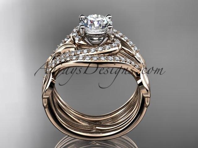 Unique 14kt rose gold diamond leaf and vine wedding ring, engagement ring with a "Forever One" Moissanite center stone and double matching band ADLR222S - AnjaysDesigns
