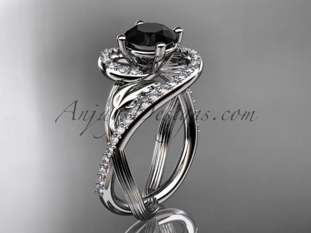 Unique 14kt white gold diamond leaf and vine wedding ring, engagement ring with a Black Diamond center stone ADLR222 - AnjaysDesigns