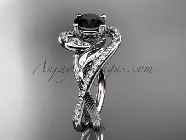 Unique 14kt white gold diamond leaf and vine wedding ring, engagement ring with a Black Diamond center stone ADLR222 - AnjaysDesigns