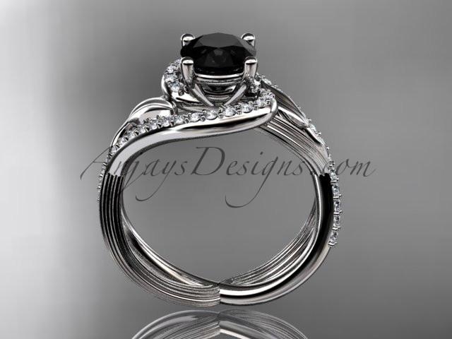 Unique Platinum diamond leaf and vine wedding ring, engagement ring with a Black Diamond center stone ADLR222 - AnjaysDesigns