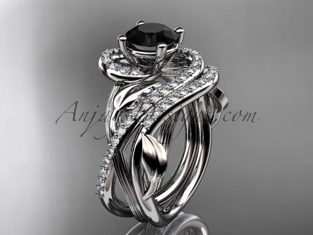 Unique platinum diamond leaf and vine wedding set, engagement set with a Black Diamond center stone ADLR222S - AnjaysDesigns