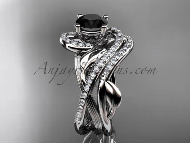 Unique 14kt white gold diamond leaf and vine wedding set, engagement set with a Black Diamond center stone ADLR222 - AnjaysDesigns