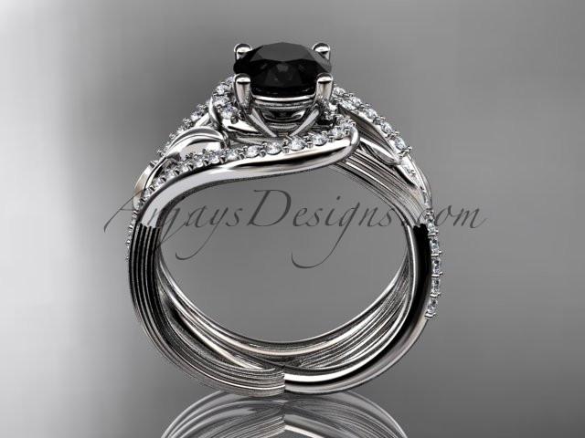 Unique 14kt white gold diamond leaf and vine wedding set, engagement set with a Black Diamond center stone ADLR222 - AnjaysDesigns