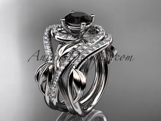 Unique platinum diamond leaf and vine wedding ring, engagement ring with a Black Diamond center stone and double matching band ADLR222S - AnjaysDesigns
