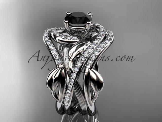 Unique 14kt white gold diamond leaf and vine wedding ring, engagement ring with a Black Diamond center stone and double matching band ADLR222S - AnjaysDesigns