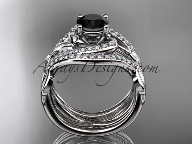 Unique 14kt white gold diamond leaf and vine wedding ring, engagement ring with a Black Diamond center stone and double matching band ADLR222S - AnjaysDesigns