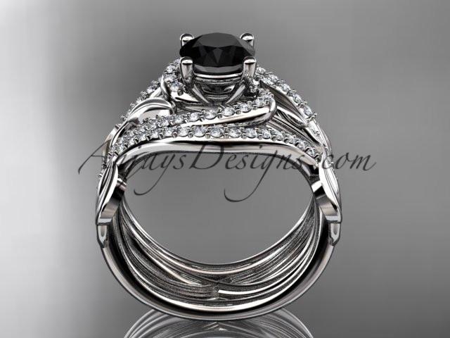 Unique platinum diamond leaf and vine wedding ring, engagement ring with a Black Diamond center stone and double matching band ADLR222S - AnjaysDesigns