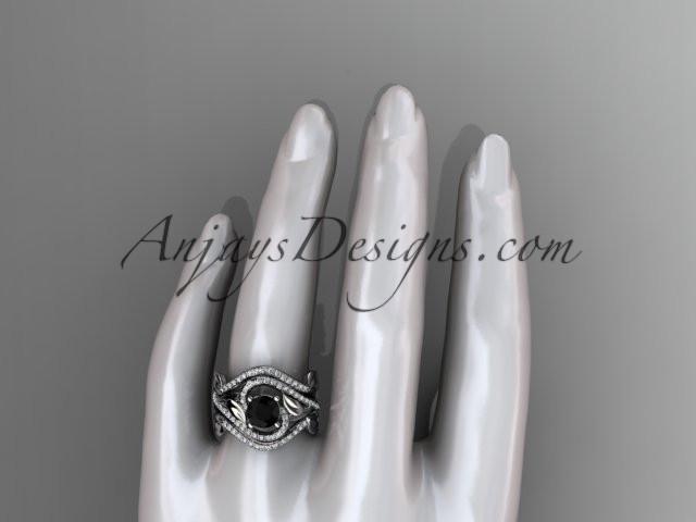 Unique 14kt white gold diamond leaf and vine wedding ring, engagement ring with a Black Diamond center stone and double matching band ADLR222S - AnjaysDesigns