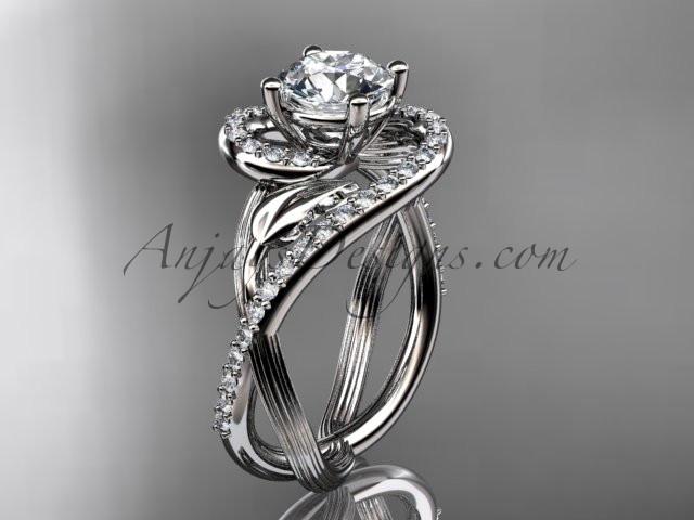 Unique 14kt white gold diamond leaf and vine wedding ring, engagement ring with a "Forever One" Moissanite center stone ADLR222 - AnjaysDesigns