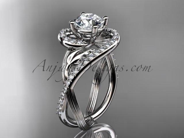 Unique Platinum diamond leaf and vine wedding ring, engagement ring with a "Forever One" Moissanite center stone ADLR222 - AnjaysDesigns