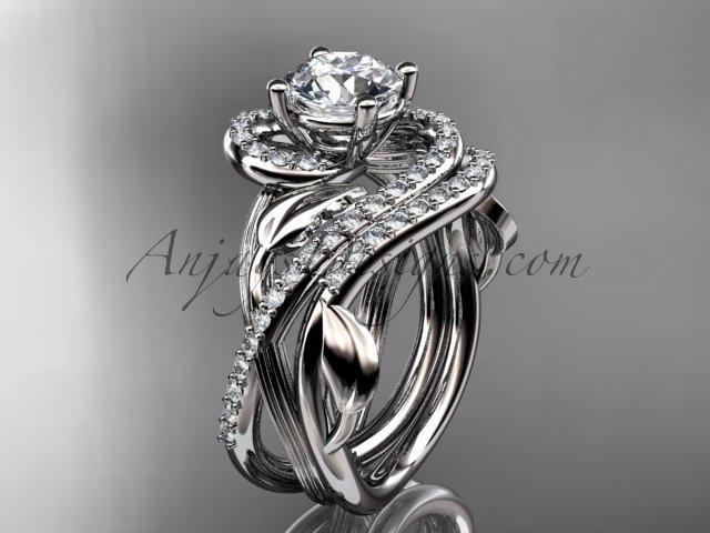 Unique 14kt white gold diamond leaf and vine wedding set, engagement set with a "Forever One" Moissanite center stone ADLR222S - AnjaysDesigns