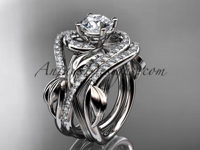 Unique platinum diamond leaf and vine wedding ring, engagement ring with a double matching band ADLR222S - AnjaysDesigns
