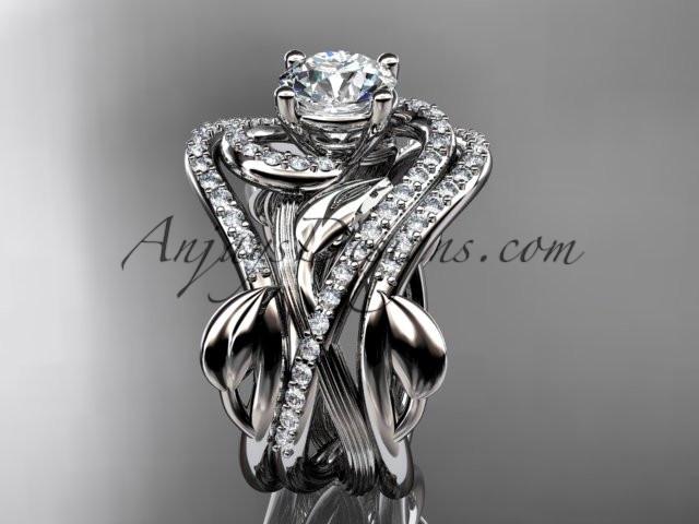 Unique platinum diamond leaf and vine wedding ring, engagement ring with a double matching band ADLR222S - AnjaysDesigns