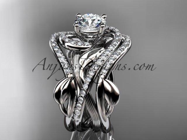 Unique 14kt white gold diamond leaf and vine wedding ring, engagement ring with a "Forever One" Moissanite center stone and double matching band ADLR222S - AnjaysDesigns