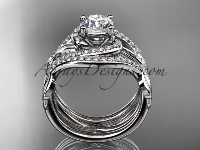 Unique platinum diamond leaf and vine wedding ring, engagement ring with a "Forever One" Moissanite center stone and double matching band ADLR222S - AnjaysDesigns