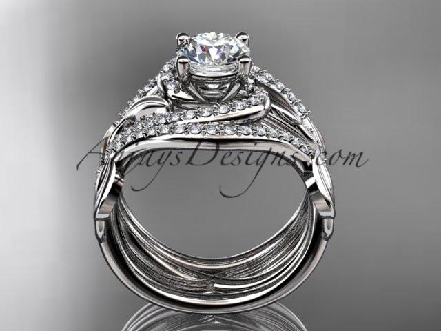 Unique platinum diamond leaf and vine wedding ring, engagement ring with a double matching band ADLR222S - AnjaysDesigns
