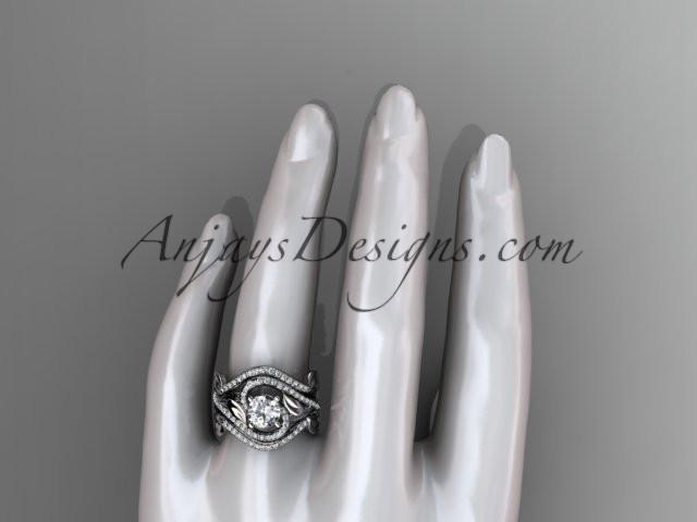 Unique 14kt white gold diamond leaf and vine wedding ring, engagement ring with a "Forever One" Moissanite center stone and double matching band ADLR222S - AnjaysDesigns