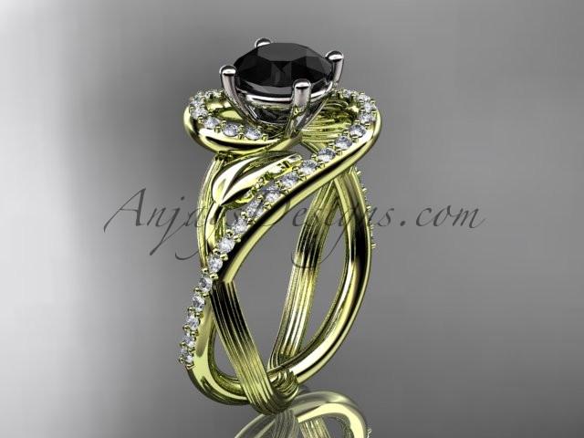 Unique 14kt yellow gold diamond leaf and vine wedding ring, engagement ring with a Black Diamond center stone ADLR222 - AnjaysDesigns