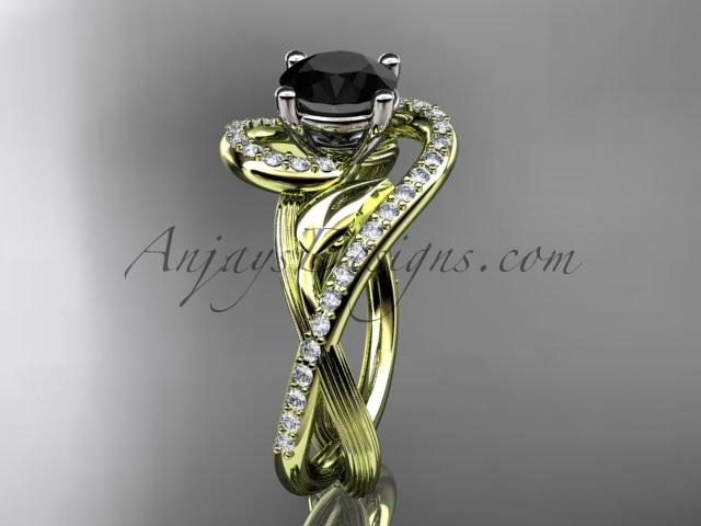 Unique 14kt yellow gold diamond leaf and vine wedding ring, engagement ring with a Black Diamond center stone ADLR222 - AnjaysDesigns