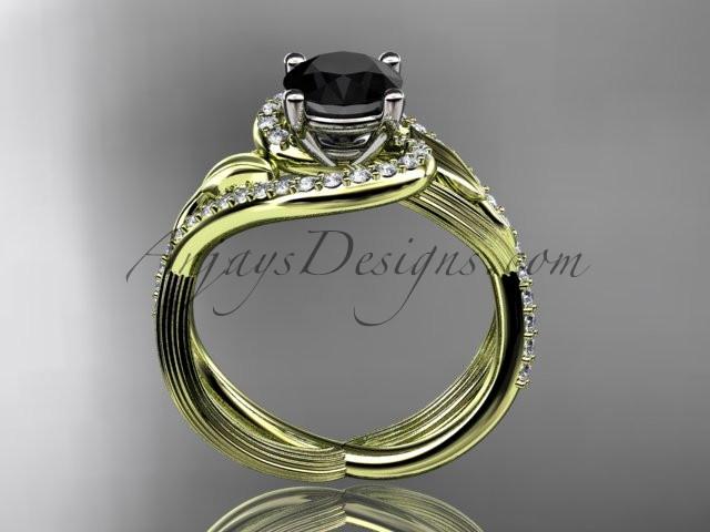 Unique 14kt yellow gold diamond leaf and vine wedding ring, engagement ring with a Black Diamond center stone ADLR222 - AnjaysDesigns