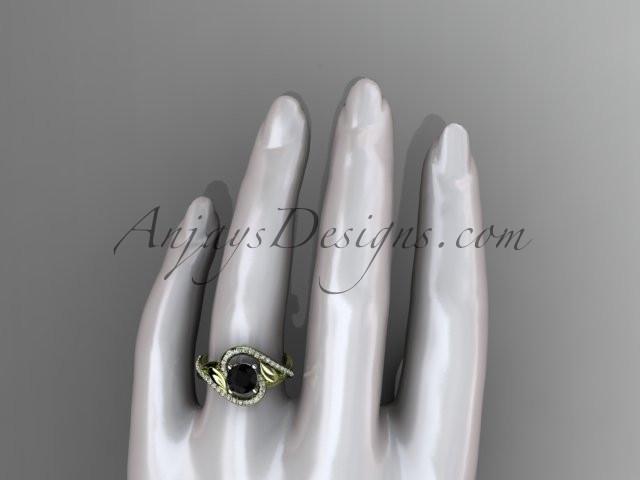 Unique 14kt yellow gold diamond leaf and vine wedding ring, engagement ring with a Black Diamond center stone ADLR222 - AnjaysDesigns