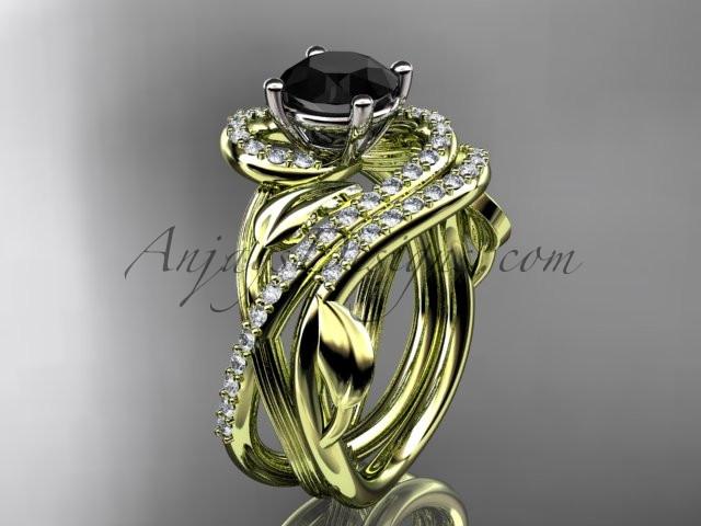 Unique 14kt yellow gold diamond leaf and vine wedding set, engagement set with a Black Diamond center stone ADLR222S - AnjaysDesigns