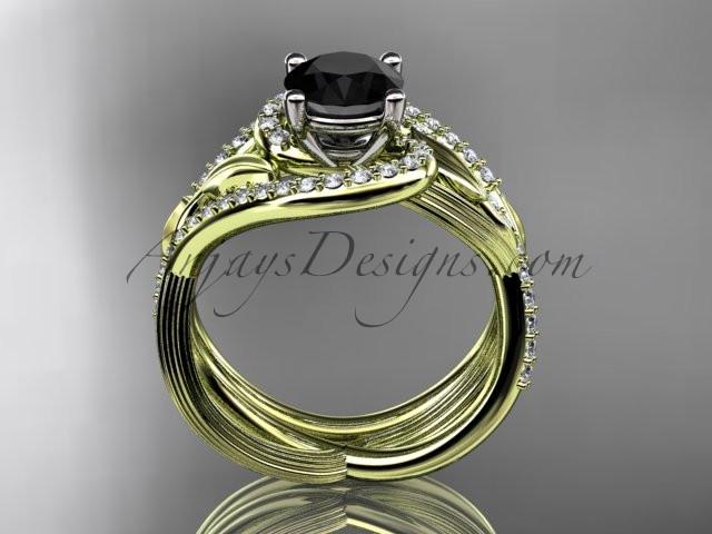 Unique 14kt yellow gold diamond leaf and vine wedding set, engagement set with a Black Diamond center stone ADLR222S - AnjaysDesigns