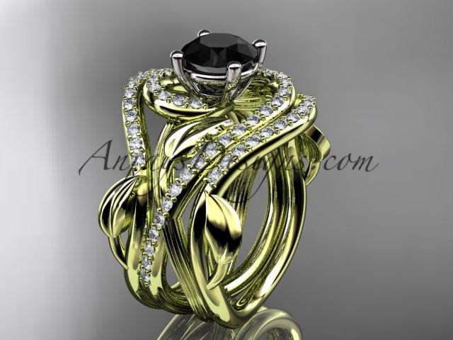 Unique 14kt yellow gold diamond leaf and vine wedding ring, engagement ring with a Black Diamond center stone and double matching band ADLR222S - AnjaysDesigns