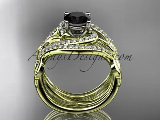 Unique 14kt yellow gold diamond leaf and vine wedding ring, engagement ring with a Black Diamond center stone and double matching band ADLR222S - AnjaysDesigns
