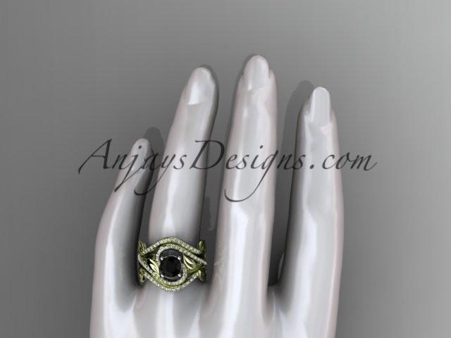 Unique 14kt yellow gold diamond leaf and vine wedding ring, engagement ring with a Black Diamond center stone and double matching band ADLR222S - AnjaysDesigns