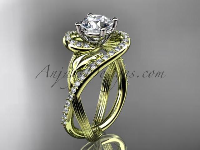 Unique 14kt yellow gold diamond leaf and vine wedding ring, engagement ring with a "Forever One" Moissanite center stone ADLR222 - AnjaysDesigns