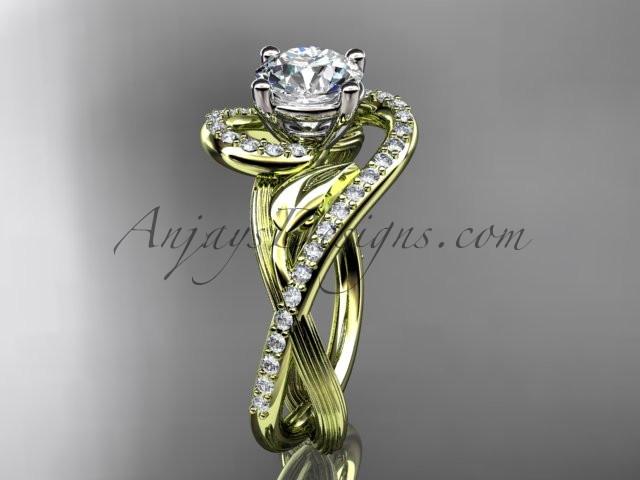Unique 14kt yellow gold diamond leaf and vine wedding ring, engagement ring with a "Forever One" Moissanite center stone ADLR222 - AnjaysDesigns