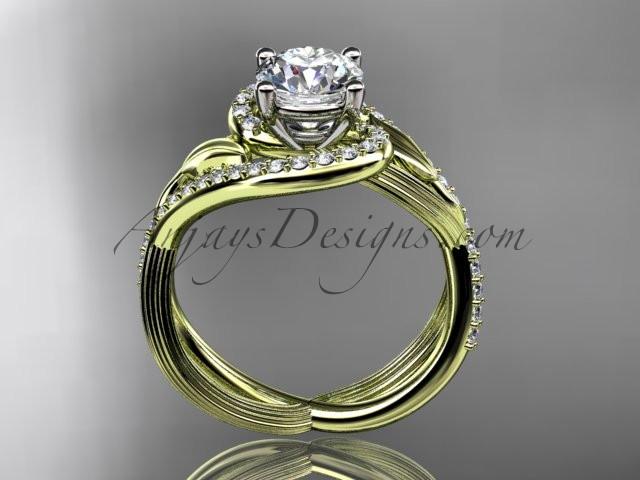 Unique 14kt yellow gold diamond leaf and vine wedding ring, engagement ring with a "Forever One" Moissanite center stone ADLR222 - AnjaysDesigns