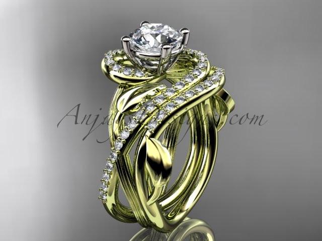 Unique 14kt yellow gold diamond leaf and vine wedding set, engagement set with a "Forever One" Moissanite center stone ADLR222S - AnjaysDesigns