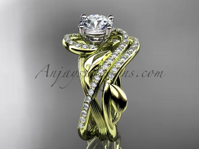 Unique 14kt yellow gold diamond leaf and vine wedding set, engagement set with a "Forever One" Moissanite center stone ADLR222S - AnjaysDesigns