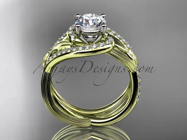 Unique 14kt yellow gold diamond leaf and vine wedding set, engagement set with a "Forever One" Moissanite center stone ADLR222S - AnjaysDesigns