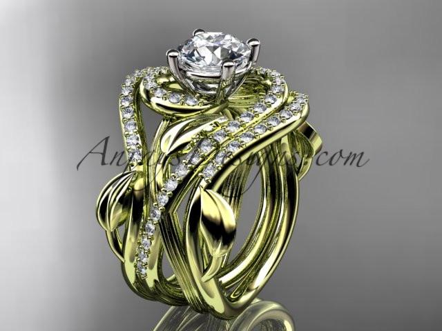 Unique 14kt yellow gold diamond leaf and vine wedding ring, engagement ring with a "Forever One" Moissanite center stone and double matching band ADLR222S - AnjaysDesigns