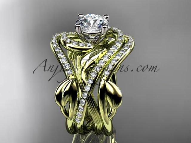 Unique 14kt yellow gold diamond leaf and vine wedding ring, engagement ring with a "Forever One" Moissanite center stone and double matching band ADLR222S - AnjaysDesigns