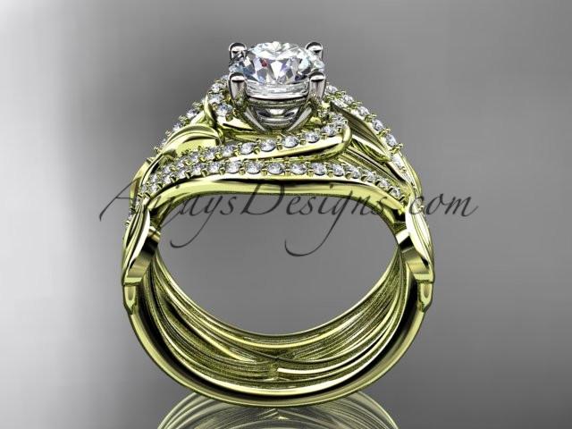 Unique 14kt yellow gold diamond leaf and vine wedding ring, engagement ring with a double matching band ADLR222S - AnjaysDesigns