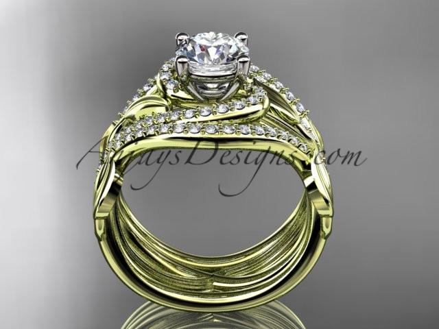 Unique 14kt yellow gold diamond leaf and vine wedding ring, engagement ring with a "Forever One" Moissanite center stone and double matching band ADLR222S - AnjaysDesigns