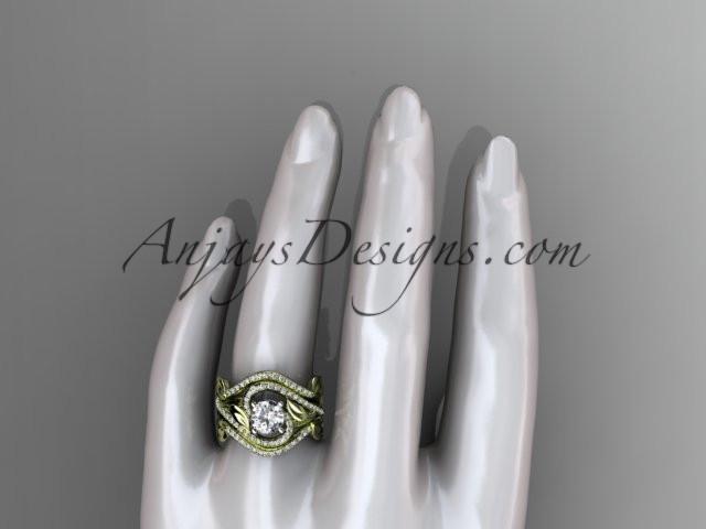 Unique 14kt yellow gold diamond leaf and vine wedding ring, engagement ring with a "Forever One" Moissanite center stone and double matching band ADLR222S - AnjaysDesigns