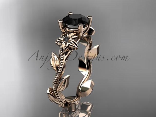 Unique 14kt rose gold diamond flower, leaf and vine wedding ring, engagement ring with a Black Diamond center stone ADLR238 - AnjaysDesigns