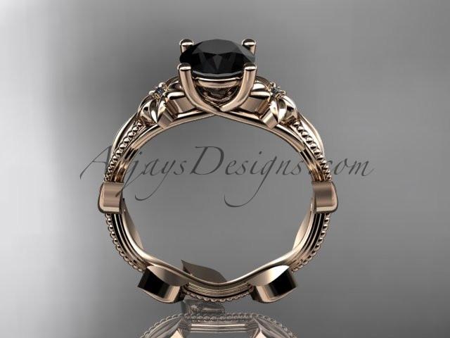 Unique 14kt rose gold diamond flower, leaf and vine wedding ring, engagement ring with a Black Diamond center stone ADLR238 - AnjaysDesigns