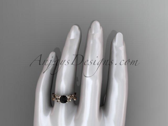Unique 14kt rose gold diamond flower, leaf and vine wedding ring, engagement ring with a Black Diamond center stone ADLR238 - AnjaysDesigns
